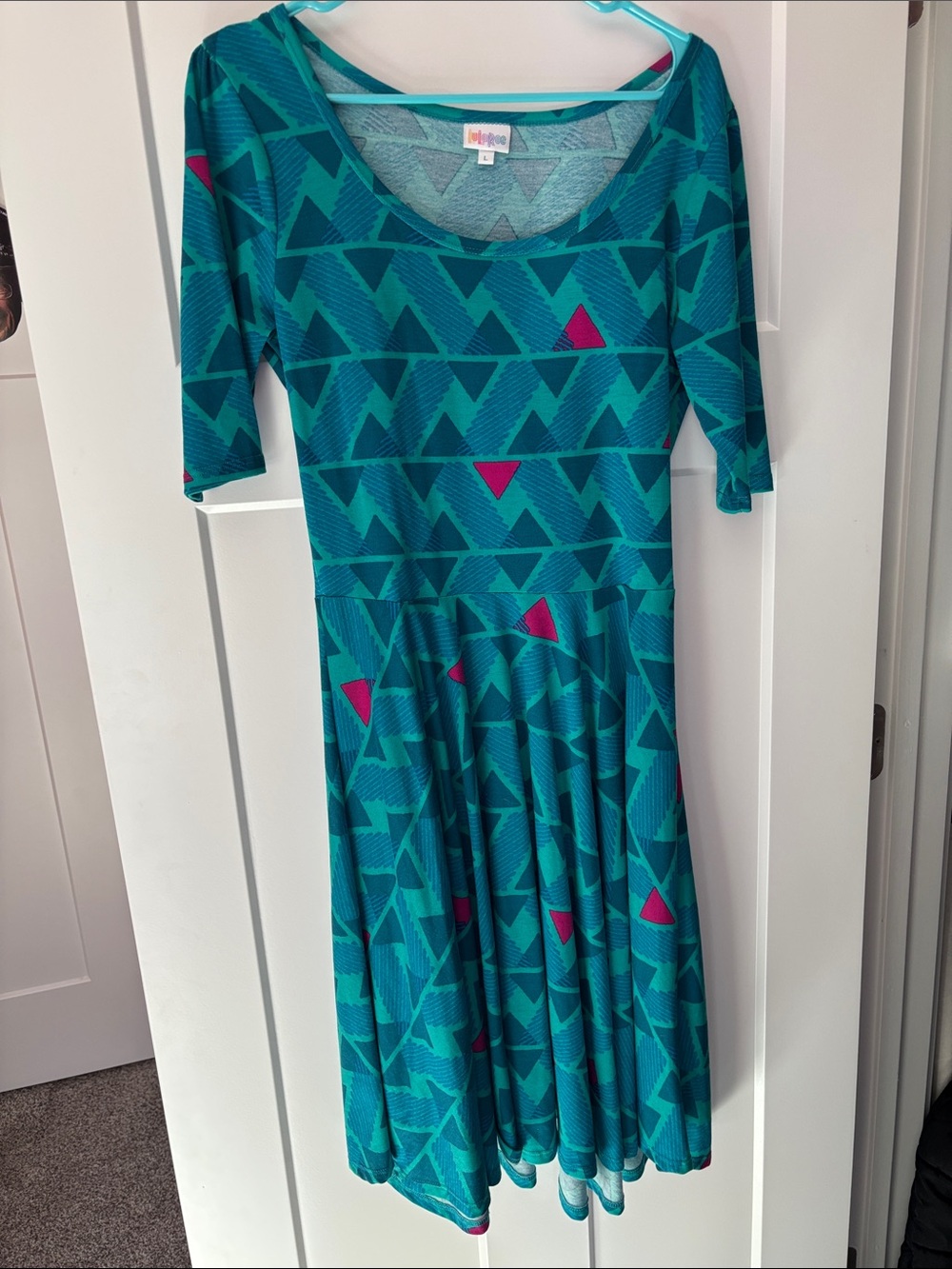 LuLaRoe Teal and Pink Geometric Midi Dress